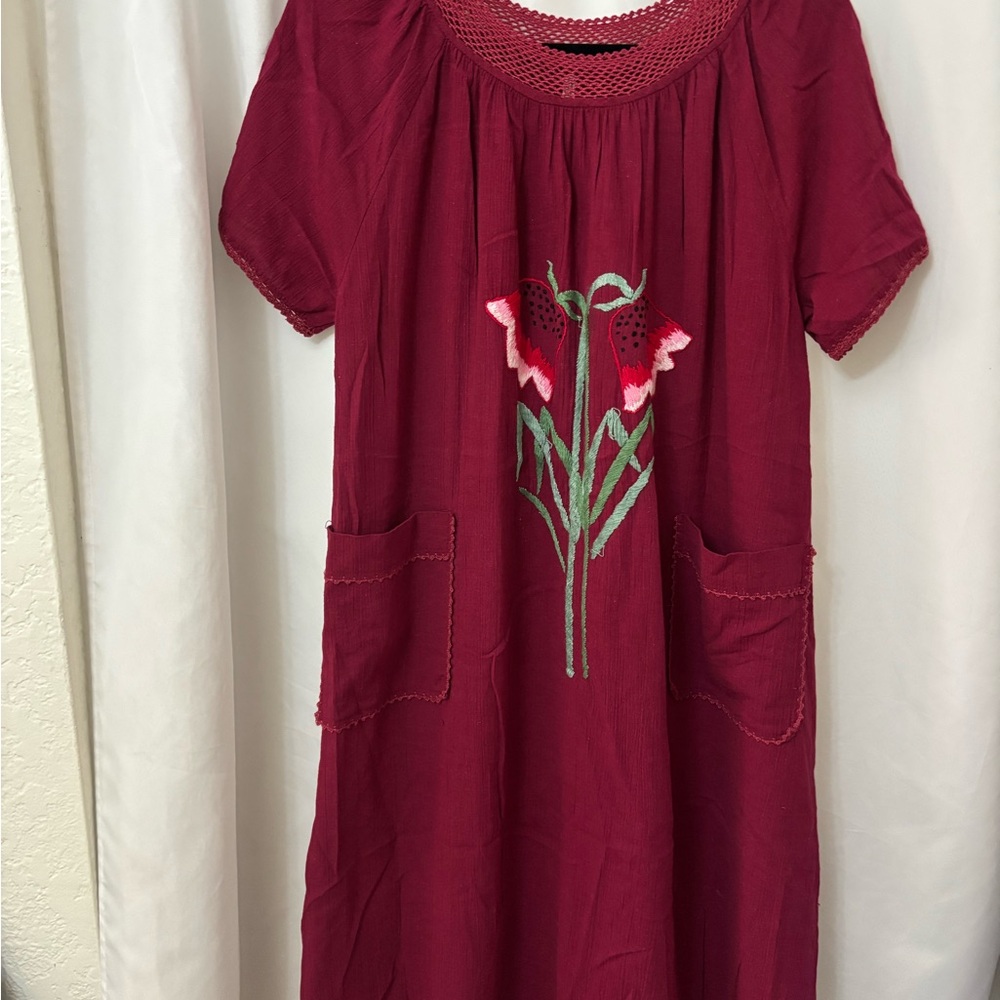Charming Red Dress with Floral Embroidery 100  cotton Thailand